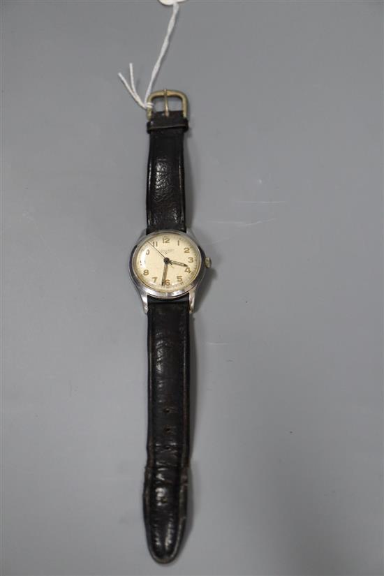 A gentlemans 1950s steel Longines manual wind wrist watch, on later strap, case diameter 34mm, movement c.12.68ZS.